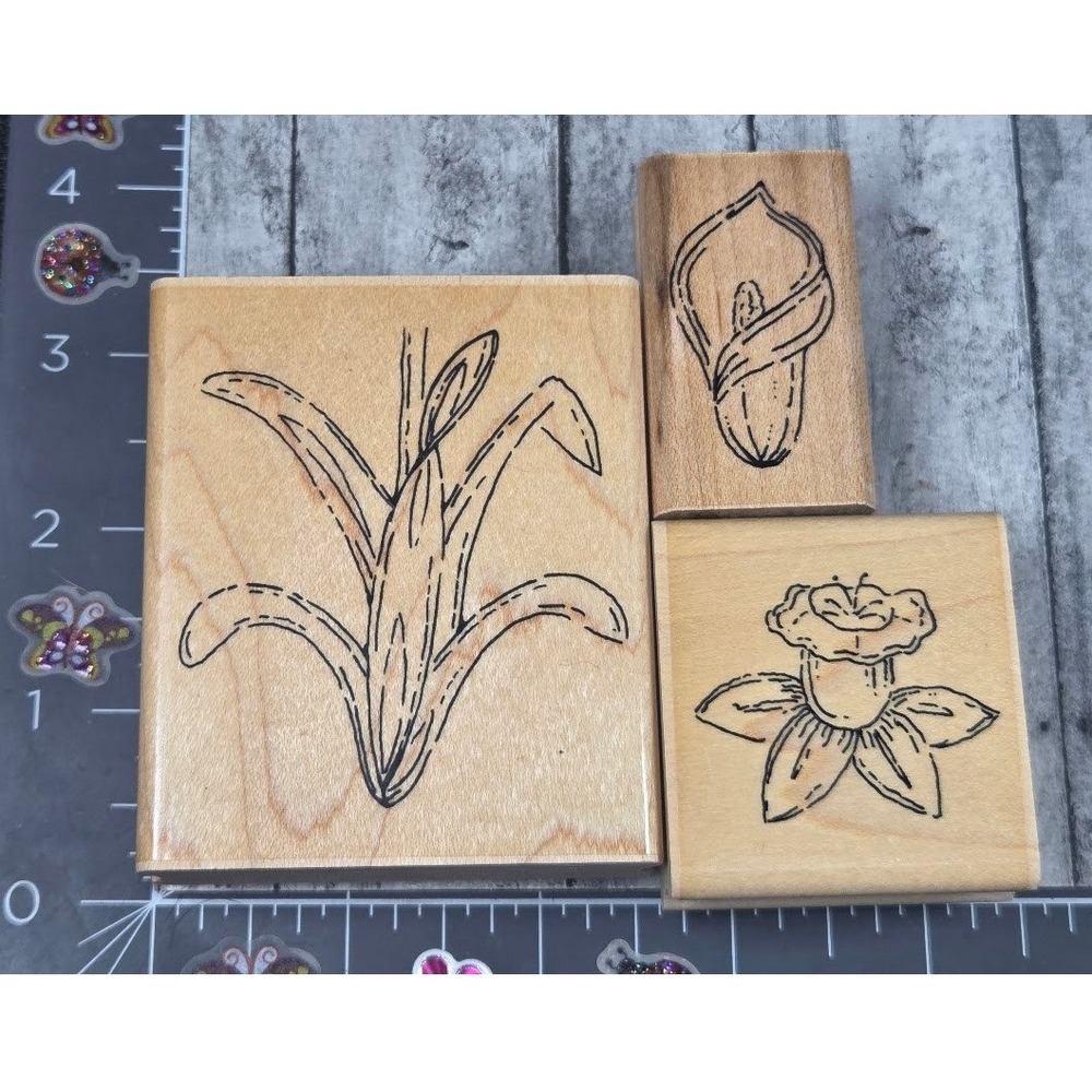 CTMH Flower Trio Lily Daffodil Lot of 3 Rubber Stamp Wood #S6
